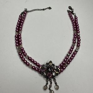 Cooee Necklace Choker Purple Beads Pearlized Faceted Dangle Pendant Cluster